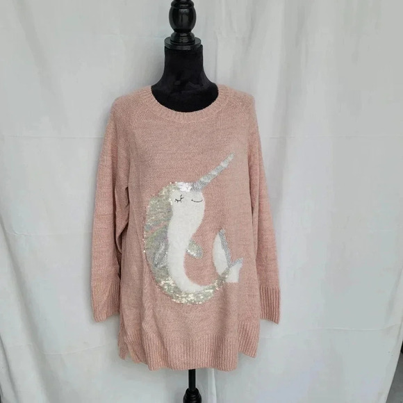 NWT Lauren Conrad Size XL Pink Narwal Dolphin Fuzz Graphic Tunic Sweater Stretch - Picture 12 of 13